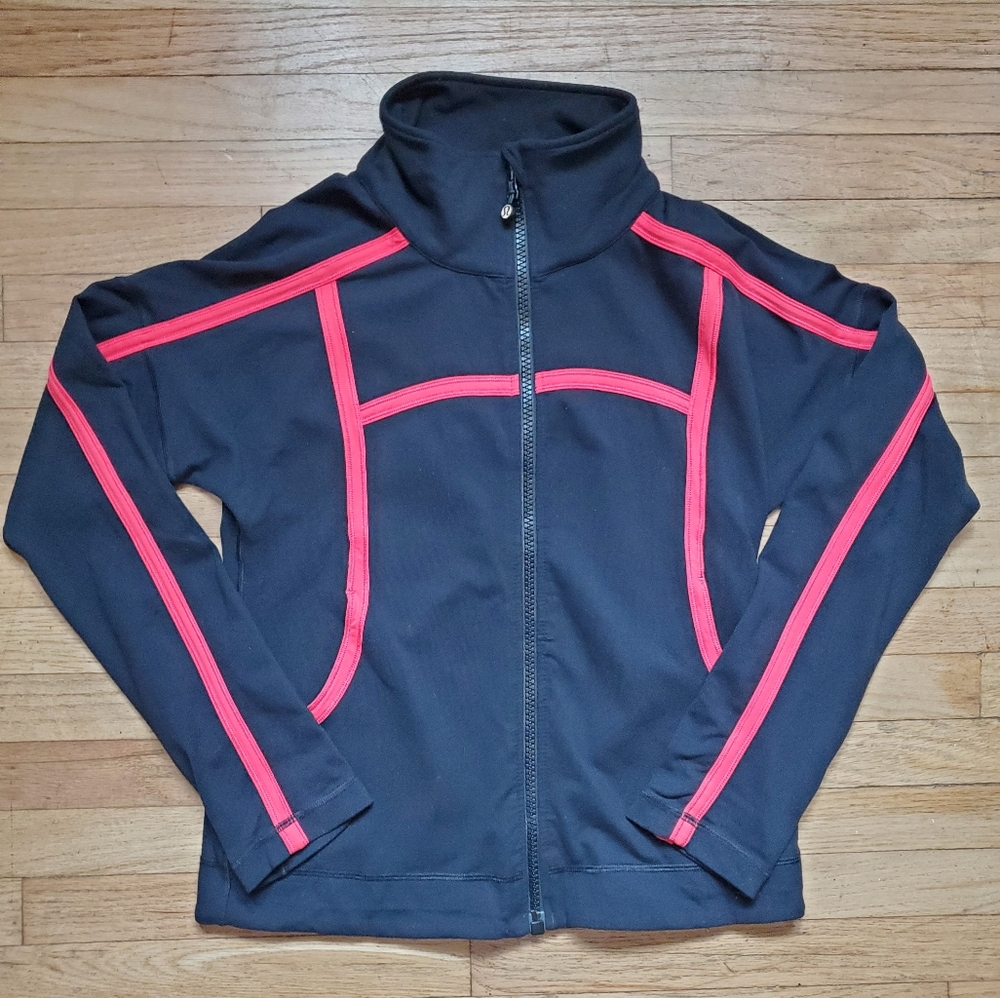 Lululemon Mynah Zip Up Athletic jacket Black And Pink Thumb Holes Size 8 Sporty